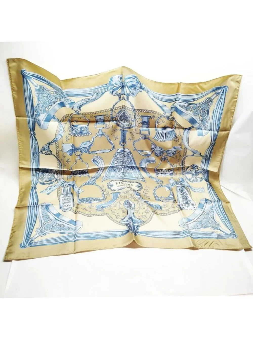 Authentic Hermès Étriers Carré 90 Silk Scarf Gold Blue Square Made in France